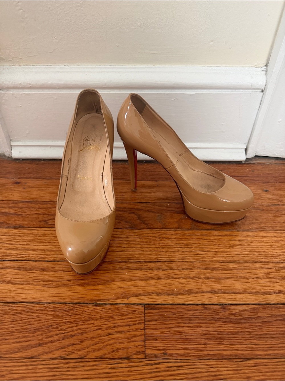 Christian Louboutin Beige Patent Platform Pumps with Red Soles